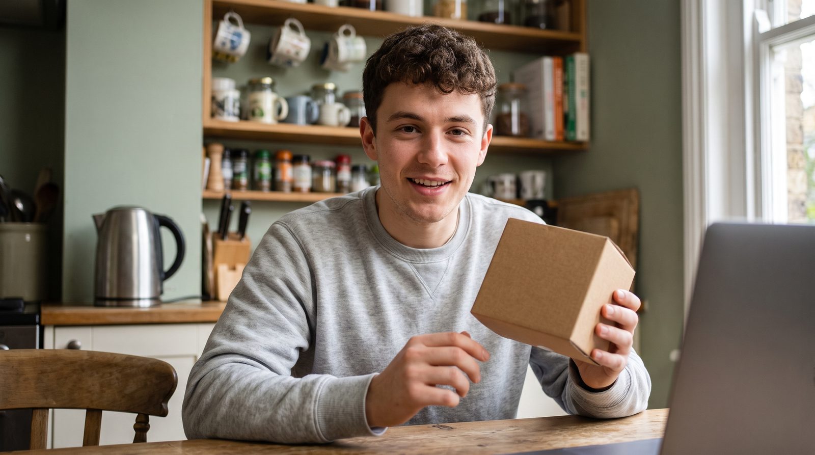 A young man at a kitchen table holding up a small cardboard box to the camera, smiling as he picks up mid-sentence after a demo