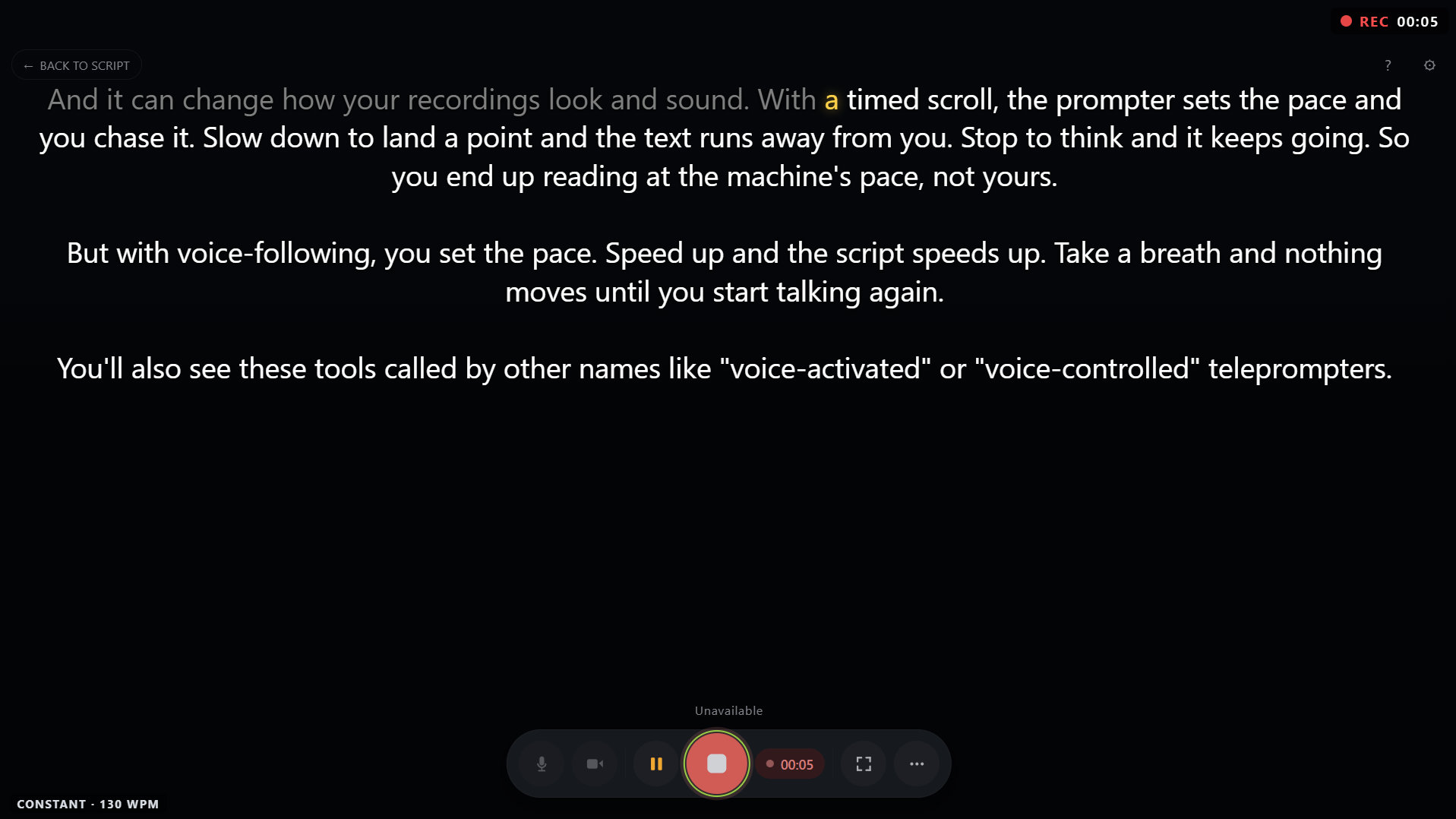 The cuekards prompter mid-take, scrolling at a constant speed, with CONSTANT · 130 WPM shown in the bottom-left corner