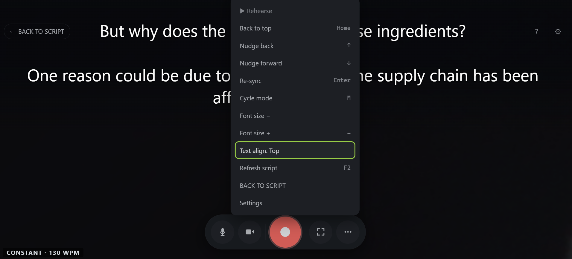 The cuekards prompter with the dots menu open, showing Font size minus and plus, Text align set to Top, and a constant 130 wpm badge in the corner