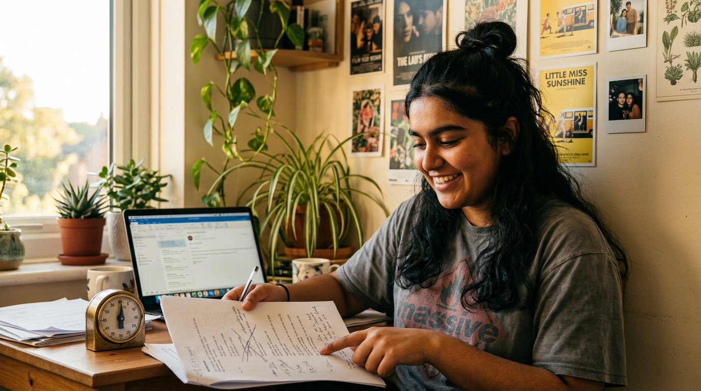 A young woman at a desk by a window, smiling as she marks up a printed script with a pen, a wind-up timer and an open laptop beside her