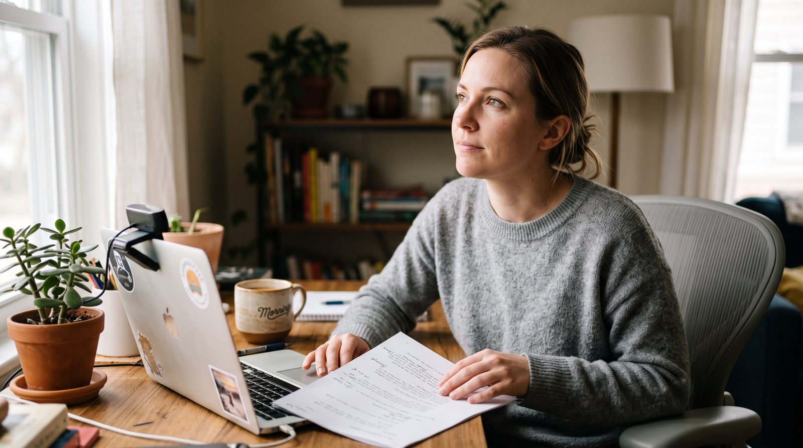 A woman at a home desk pausing mid-sentence, looking up and away from the webcam clipped to her laptop as she thinks, one hand on a printed script