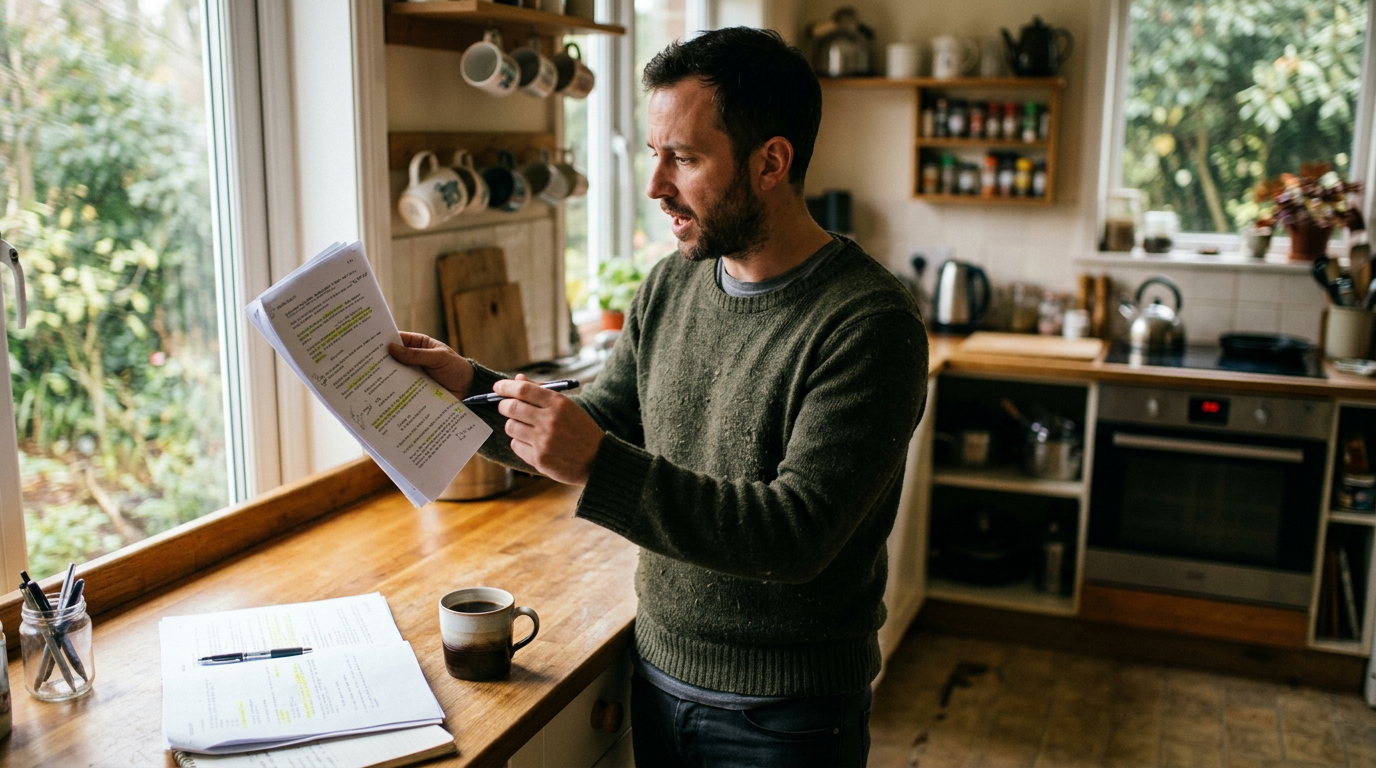 A man standing in his kitchen reading a printed script out loud, marking a line with a pen
