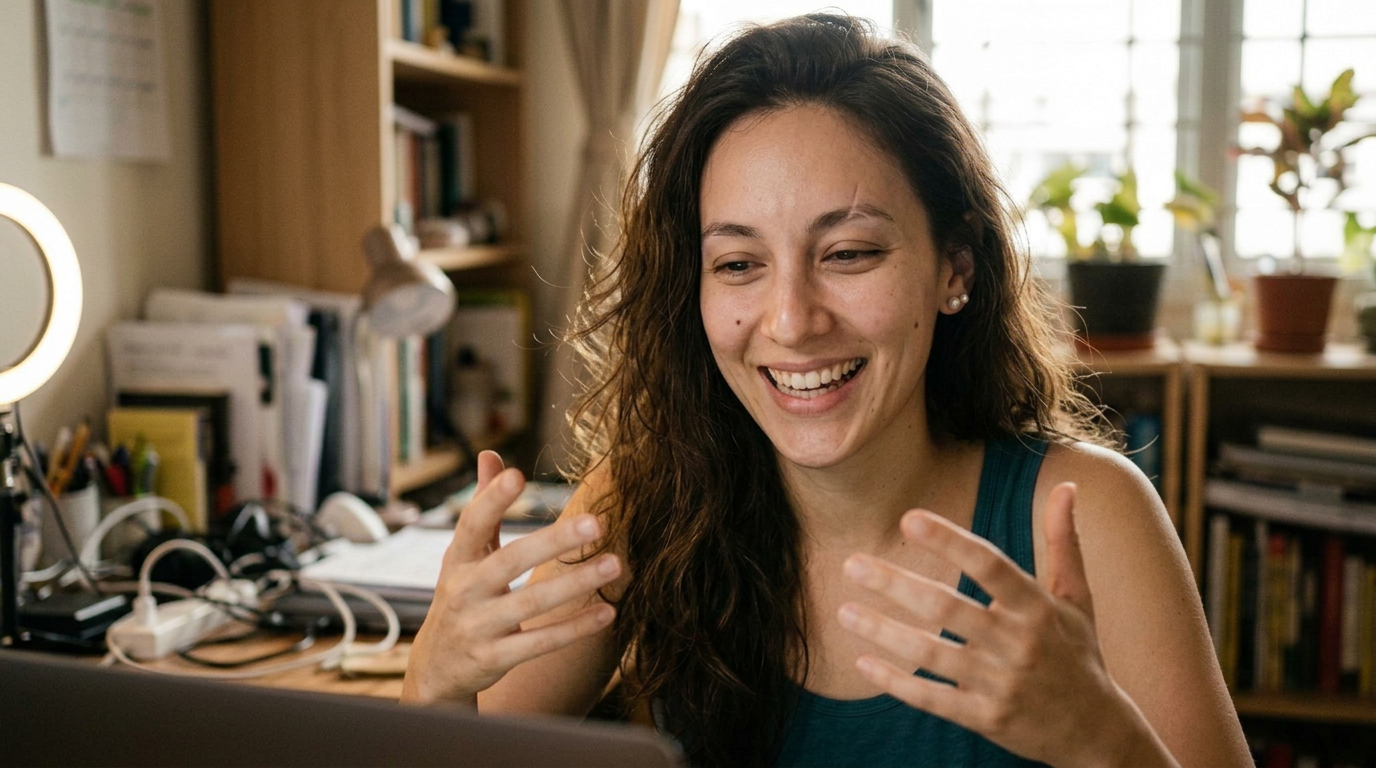 The same woman at the same desk, now looking straight down the lens and talking with her hands
