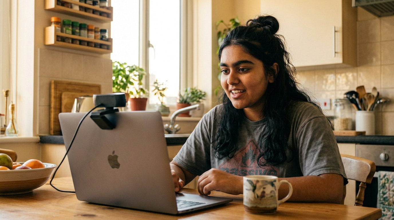 A young woman at a kitchen table talking to a webcam clipped to the top of her laptop, mid-sentence with an easy smile