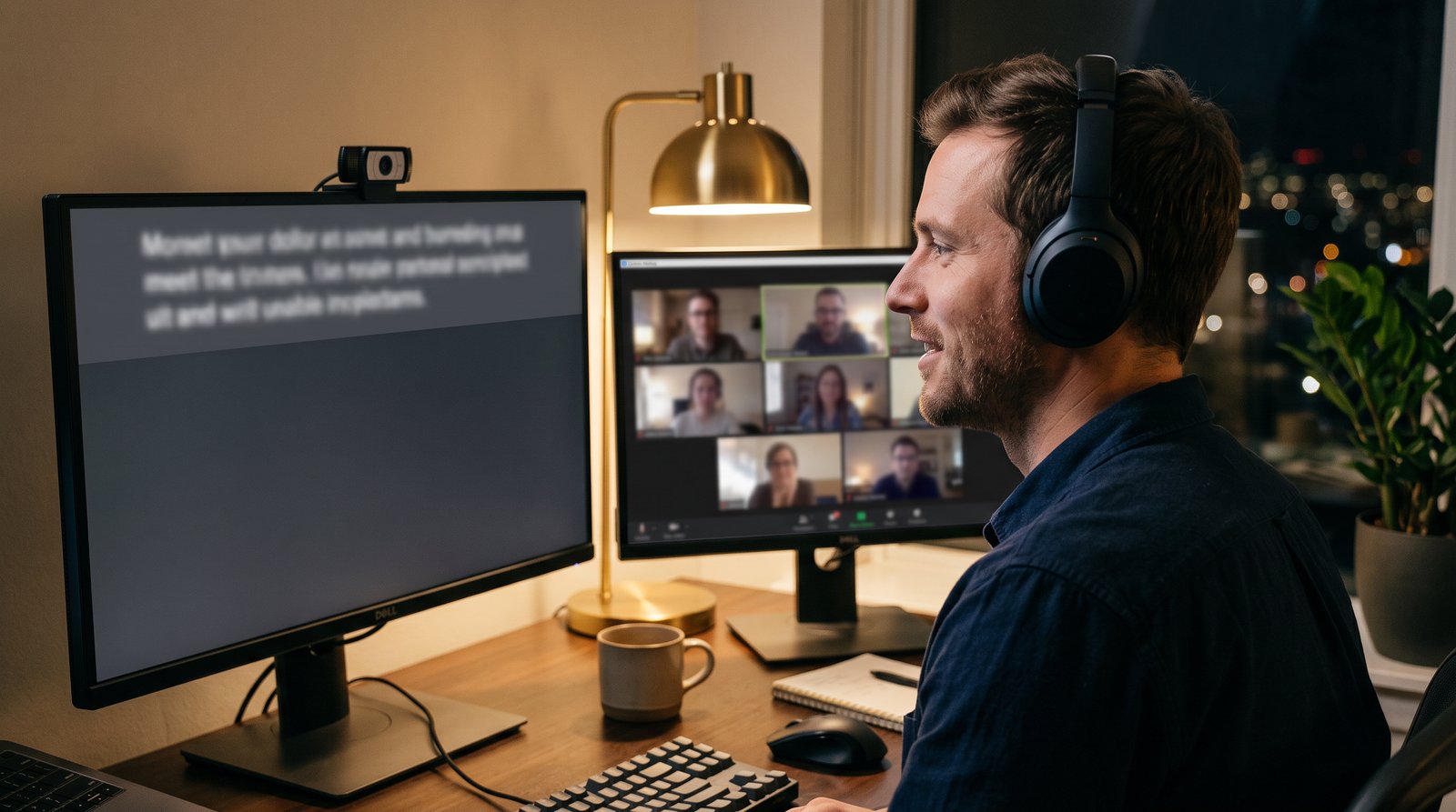 A man in headphones at a two-monitor desk at night: the monitor with the webcam shows a strip of script text right under the camera, and the other shows a video call grid