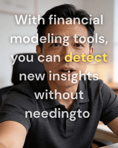 A man mid-sentence at his desk, captioned live as he explains how financial modeling tools surface new insights.