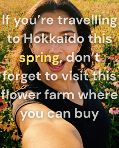 A woman in a flower field mid-sentence, captioned live as she recommends a flower farm to visit in Hokkaido.