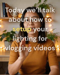 A vlogger mid-sentence in front of a bookshelf and fairy lights, captioned live as she explains how to set up lighting for vlogging videos.